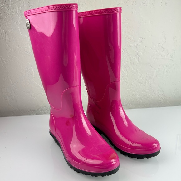 Ugg Rain Boots Rubber Pull On Sienna Solid Pink Hot‎ Bold Lined Sherpa Heeled - Picture 2 of 13